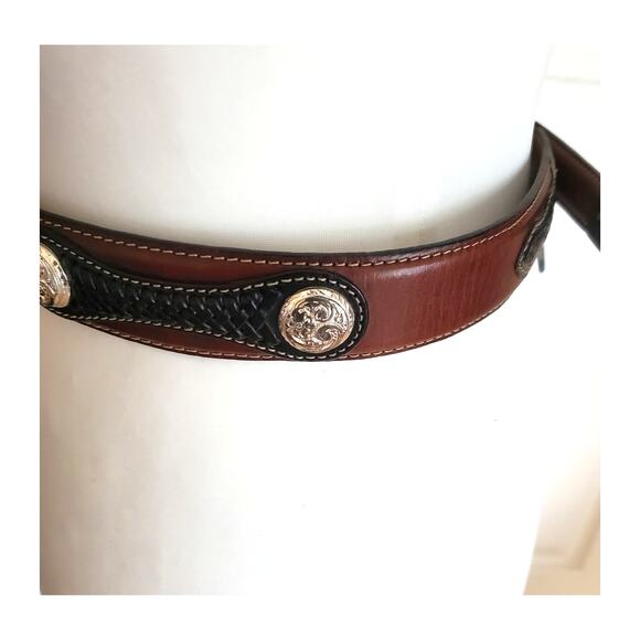 Justin Brown Black Leather Belt Braided Western Conchos Silver Tooled Buckle 30 - Picture 3 of 13